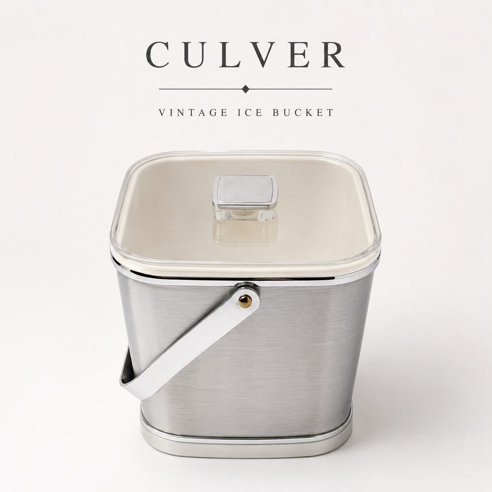 Vintage Culver Brushed Aluminum Ice Bucket Clear Acrylic Lid Barware USA